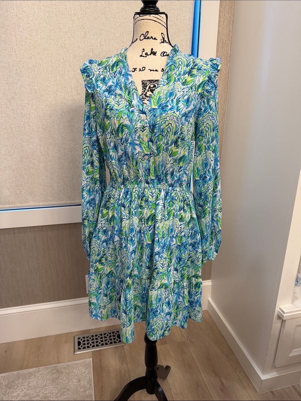 Lilly Pulitzer Blue & Green Floral-Print Long Sleeve V-Neck Dress